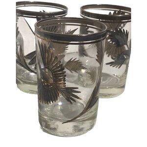 Vtg Silver Overlay Etched Peruvian Bird Leaves MCM Barware Shot Glasses 3” Set 3